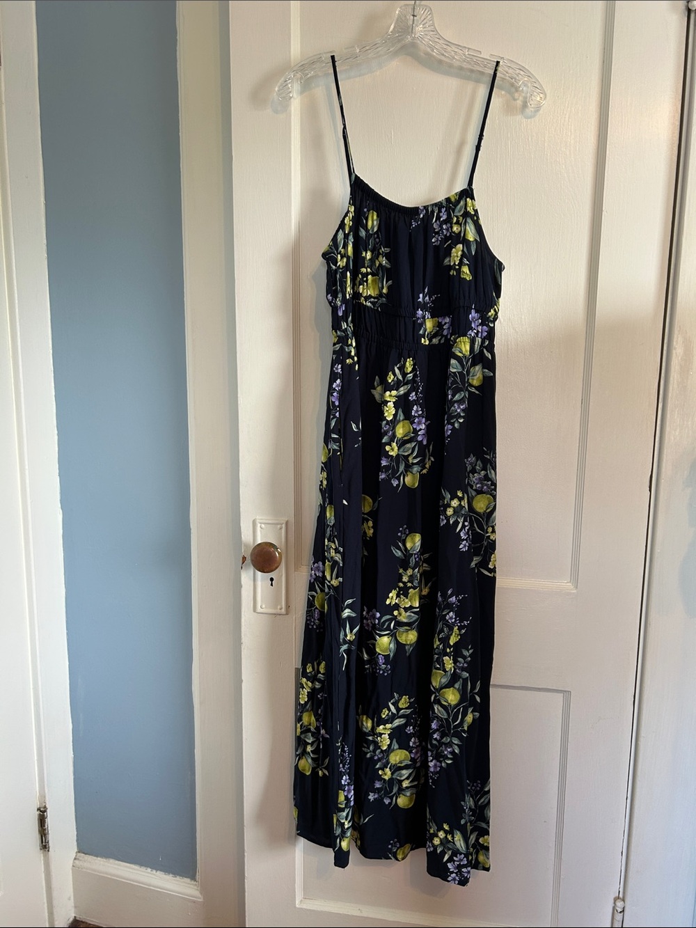 Time and Tru Navy Maxi Dress Size L Lemon Botanical Print